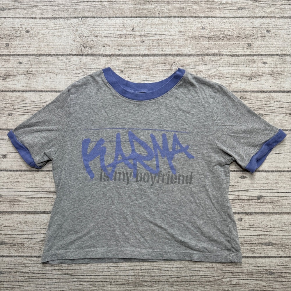 Taylor Swift Shirt Womens S Gray Karma Is My Boyfriend Midnights Ringer Boxy USA